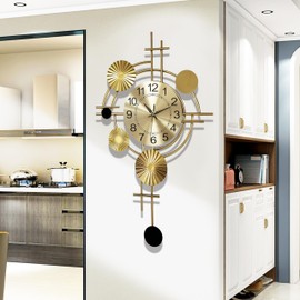 Wall Clocks for Living Room Decor,Unique 3D Metal Iron Wall Art Decor Clock, Modern Silent Non-Ticking Wall Quartz Clock for Bedroom Corridor Entrance Hotel (Gold, 17.7x30.7inch)