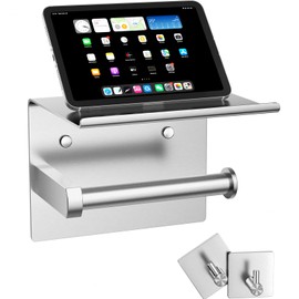Tindbea Mega Size Toilet Paper Holder with Shelf + Towel Robe Hooks, Adhesive or Screw Wall Mounted Toilet Paper Roll Holder, Stainless Steel Bathroom Hardware Set (Brushed Nickel)