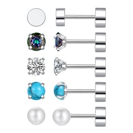 Flat Back Earrings for Women - 5 Pairs Hypoallergenic Cartilage Stud Earrings Set - Stainless Steel Flat Back Stud Earrings