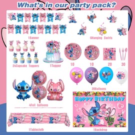 Pink Cartoon Themed Birthday Party Decorations Set - Includes Banner, Foil Balloons, Printed Balloons, Tableware, Napkins - Kids Party Supplies