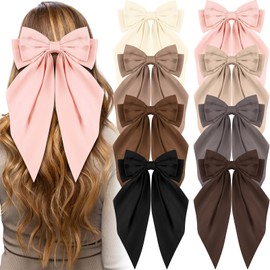 Hoteam 8 Pcs Silky Satin Oversized Hair Bows Bulk Big Hair Bows for Women Long Tail Large Bowknot Barrettes Large Hair Barrettes Clips Ribbon Bows Brown Hair Accessories Gifts