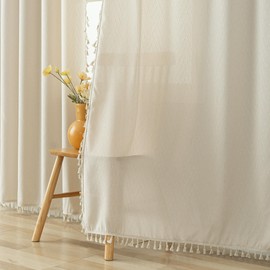 VOILYBIRD Farmhouse Curtains Tassel Fringe Geometric Design Boho Curtains 63 Inch Length 2 Panels Set, W40 x L63, Beige