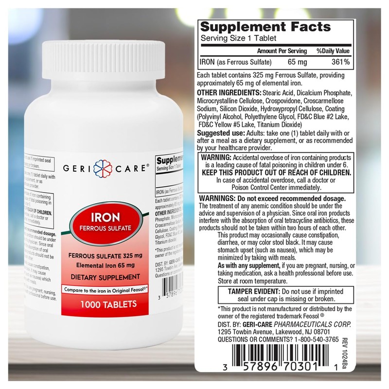 GeriCare Ferrous Sulfate Tablets 325mg, Elemental Iron 65 mg High