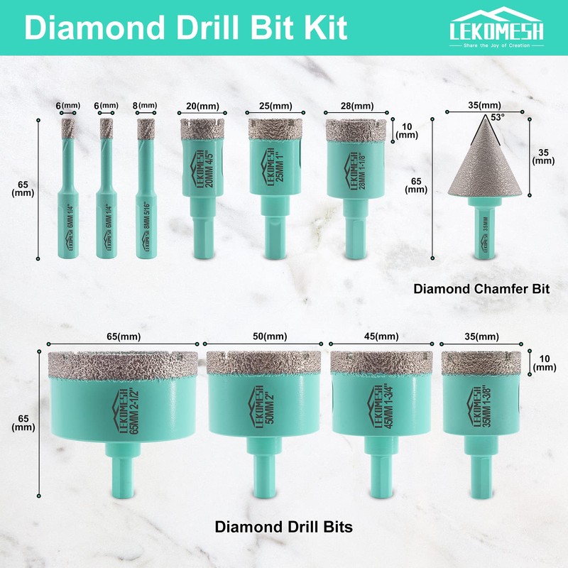 LEKOMESH Diamond Core Drill Bits Set 11pcs Tile Hole Saw