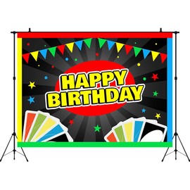Aperturee 7x5ft Card Game Happy Birthday Backdrop Colorful Playing Cards Flags Game Night Party Cartoon Black Radial Stripe Bday Party Banner Decorations Supplies Photography Background Table Decor