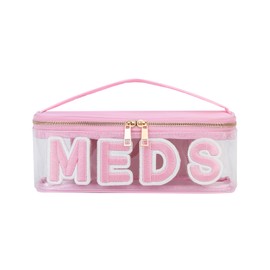 Clear Waterproof MEDS RX Makeup Bag，Transparent PVC Letter Patch medication travel case with Handle and Zipper, Portable Meds First Aid Travel Organizer Cosmetic Bag(01 Pink MEDS)