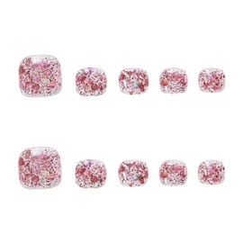 24pcs/set Press On Toenails for Women and Girls Glitter Fake Toenails Acrylic False Toenails Full Cover Artificial Toenails Kit Glue On Toe Nails(Rose Pink)