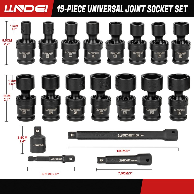 LLNDEI 3/8" Drive Universal Impact Socket Set, 19 Pieces CR-MO