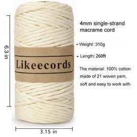 Likeecords 2 Skeins of 4mm X 80m Single Strand Macrame Cord Handmade Decorations Softer Natural Cotton Bohemia DIY Wall Hanging Plant Hanger Craft Knitting Cord Rope(Naturel White)
