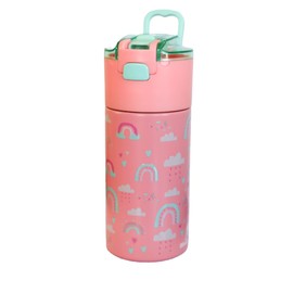 Oliver and Owen Kids insulated water bottle with straw and snack cup. Double wall stainless steel 14oz (Hot peach and light turquoise green rainbow)
