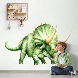 Large Dinosaur Wall Decals, Green Triceratops Dino Wall Stickers Vinyl Peel and Stick Wall Decal Self Adhesive Wall Art Sticker for Baby Nursery Kids Room Home Decor (53.7 * 34.4in)