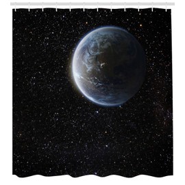 Ambesonne Galaxy Shower Curtain, Scenic View of Planet Earth from Moon Dark Cosmos Crater Sci Fi Theme Image Print, Cloth Fabric Bathroom Decor Set with Hooks, 70" Long, Blue Black