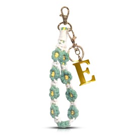 Letter A-Z Keychain, Handmade Macrame Wristlet Keychain, Metal Alphabet Initial Flower Lanyard for Women Bags Car Key (E, Gold)