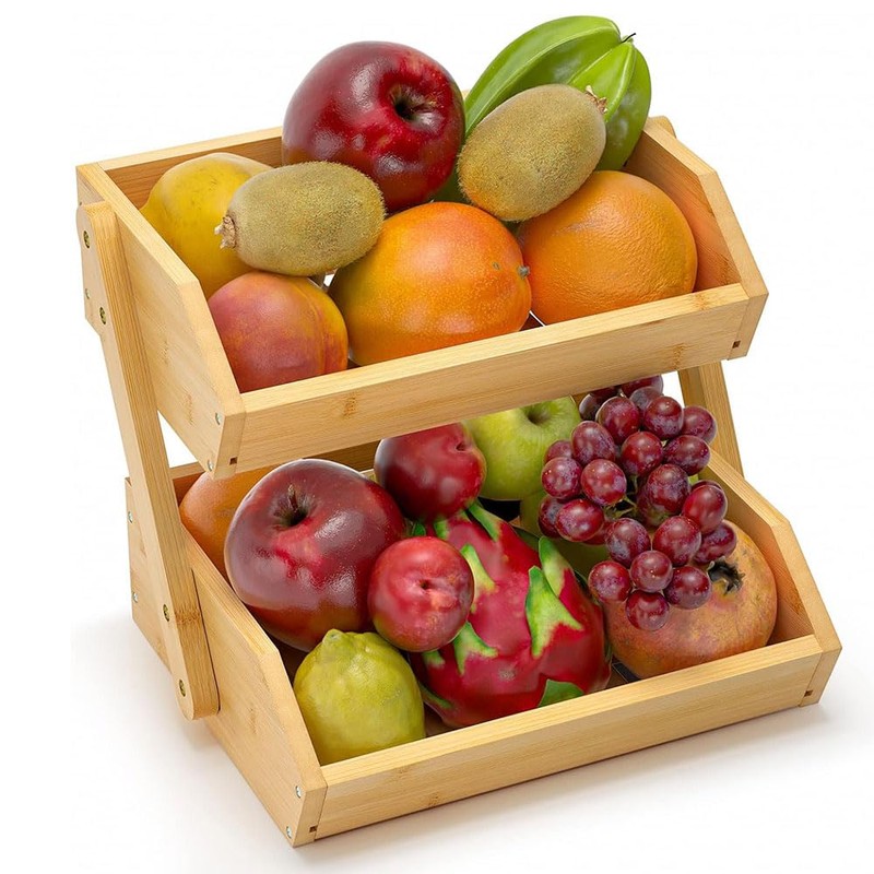 FUKWUNTO Fruit Basket Bamboo 3 layer drainage rack, Double-layer Assembled