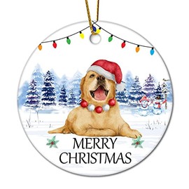 DOREENABE Cute Dog Wearing Santa Hat Christmas Light with Trees Ceramic Ornaments Circle Cute Dog Wearing Santa Hat Christmas Light with Trees Christmas Tree Hanging Ornament Holiday Decor Xmas Gifts