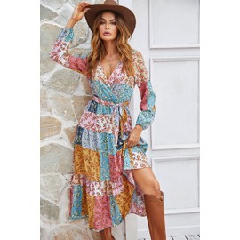 Laqeyko Womens Wrap Dress 2021 Boho Fall Floral Ruffle Wedding Guest Deep V Neck Long Sleeve Casual Party Maxi Medium LA218-6-M