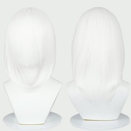 KiyaCos 40cm White Short Women Wig Straight Synthetic Fiber Shoulder Length Cosplay Wig Full Bangs