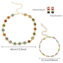 NEWITIN 4 Pieces Colorful Crystal Jewelry Set for Women Cubic Zirconia Choker Necklace Multicolor Crystal Bracelet Colorful Crystal Earrings for Women Gift Prom Party Jewelry Accessories