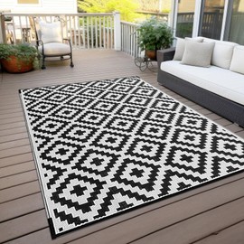 Waterproof Outdoor Rug Reversible Plastic Straw Patio Rug for Camping, RV Mat Outside, Indoor Outdoor Carpet for Porch, Deck, Backyard, Camper, Balcony, Picnic (Gray & White, 5 x 8 Feet)