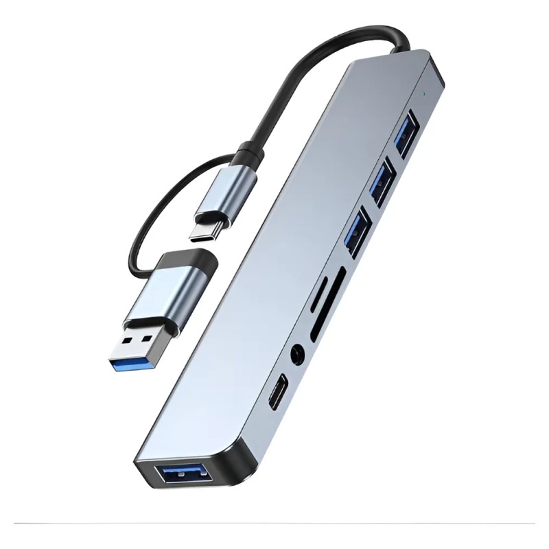 De Usb Hub 8 En 1 Azul Claro, 4 Puertos