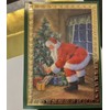 Vtg Christmas Greeting Card Santa Putting Gifts Under Decorated Tree