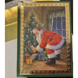 Vtg Christmas Greeting Card Santa Putting Gifts Under Decorated Tree Gold Frame
