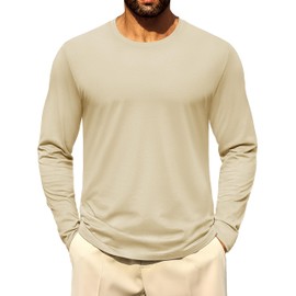 Cotrasen Men's Long Sleeve T-Shirts Cotton Casual Crew Neck T Shirts for Men Moisture Wicking Breathable Soft Plain Basic Tee Shirts Light Apricot 2XL