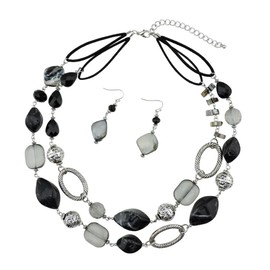 BOCAR 2 Strand Statement Choker Shell Necklace and Earring Set for Women Gift (black)