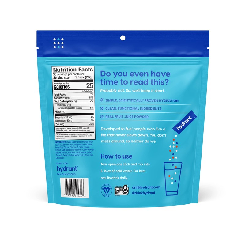 HYDRANT Hydrate, Individual Hydration Electrolyte Powder Stick Packets with No