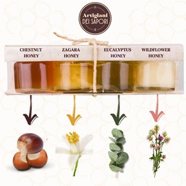 ARTIGIANI DEI SAPORI - Mini Honey Gift Set, Various Italian Honey Set "Il Miele", 1.3 oz each, Zagara Honey, Milli flower Honey, Chestnut Honey, Eucalyptus Honey - Pack of 4