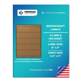 Premium Label Supply Brown Kraft Sticker Labels – 8" x 2" – Laser/Inkjet Compatible – *NOT Waterproof* – (5 per Sheet), 25 Sheets – 125 Total Adhesive Labels