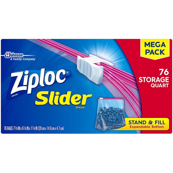 Ziploc Slider Stand-and-Fill Storage Bags, for Food, Sandwich, Organization and More, Quart, 76 Count (Pack of 9)