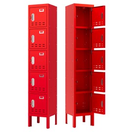 SAPITAL Metal Locker with 5 Doors, 66" Lockers for Employees Steel Storage Locker, Lockable Locker Cabinet for School, Gym, Home Office and Garage（Red）