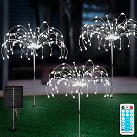 FANSIR Solar Garden Lights Outdoor 3 Pcs Solar Fireworks Garden Lights with Remote Control 8 Modes 120 LEDs Waterproof Outdoor Lamp Lawn Backyard Flower Boxes Pathway Cool White