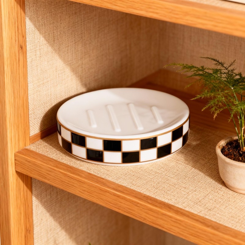 Ceramic Checkered Soap Dish,Black&White Soap Dish for Bathroom Sink, Bar