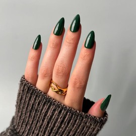 KQueenest 30 Pcs Acrylic Press on Nails Short Almond, Dark Green False Nails Short Almond, Glossy Solid Color Stiletto Fake Nails Set, Reusable Natural Gel Stick on Nail for Women Finger Daily Wear