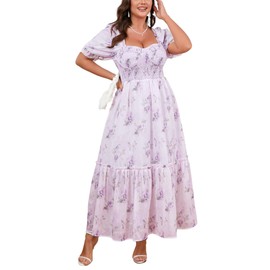 EYWOL Purple Plus Size Floral Dress for Women: Corset-Style Maxi with Smocked Bust and Puff Sleeves – Romantic Wedding Guest Dress
