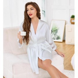 Vlazom Women's Satin Dressing Gown Soft Kimono Robe Silk Lightweight Bathrobe Bridesmaid/Bridal Wedding Party Robes 3/4 Sleeve Sleepwear White,XXL