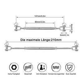 Pack of 2 Stainless Steel Turnbuckle Tensioners, M6 Rustproof Wire Tensioner, 304 Stainless Steel Awning Tensioner, Turnbuckle, Rope Tensioner, for Sailing Boat, Awnings, Canopy