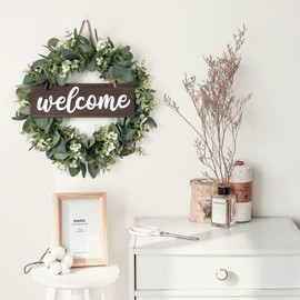 Dremisland Wreath for Front Door 16 Inch Eucalyptus Leaves Wreath Green Leaves Wreath with Welcome Sign Door Wreath Spring Summer Wreath for Farmhouse Home Porch Indoor Outdoor Decor (Coffee)