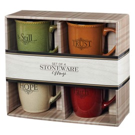 Set of Four Rustic Stoneware Coffee/Tea Mugs w/Bible Verses Sage Green, Ivory, Paprika Red, Pumpkin Orange Inspirational Coffee/Tea Cup for Men and Women