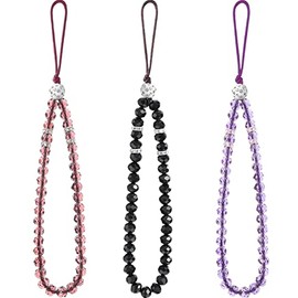 3 Pieces Cell Phone Lanyard Strap Phone Charm Bling Crystal Beads Hand Wrist Lanyard Strap Beaded Women's Wristlet(Black, Purplish Red, Purple)