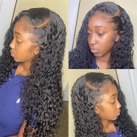 UMEGIRL Water Wave Lace Front Wigs Human Hair 13x4 Lace Fontal Wigs Human Hair Curly Wig for Women 150 Density (Natural Black Water Wave Wig, 30 Inches)