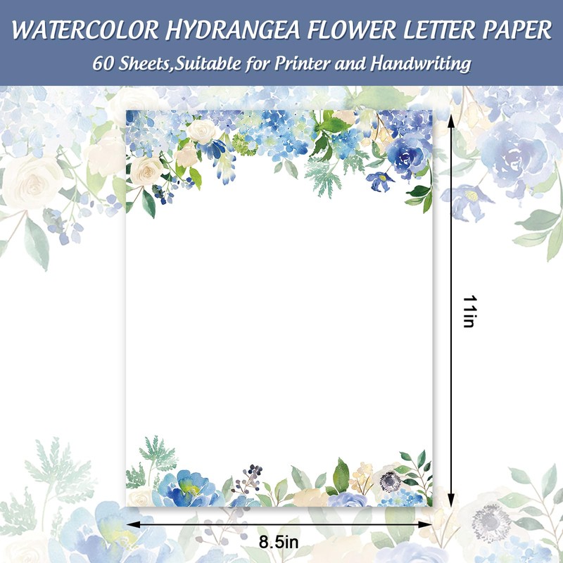 60 Pack Hydrangea Stationery Letterhead Paper Blue Purple Floral Letter