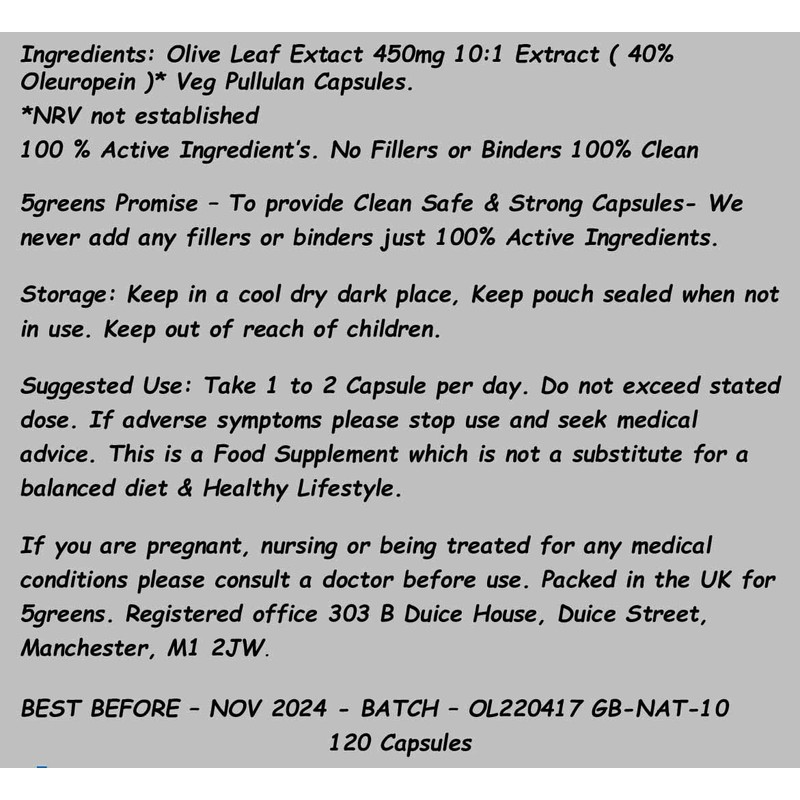 Olive Leaf Extract (Non-GMO) Super Strength: 40% Oleuropein - 450mg