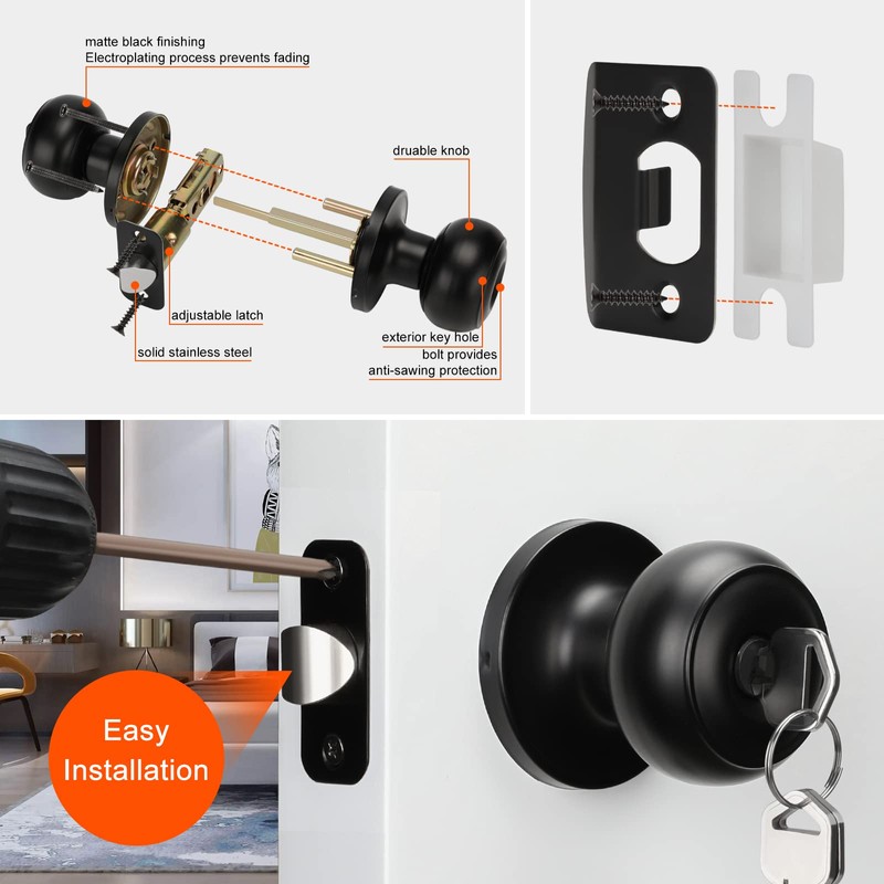 Haidms 5 Pack Matte Black Door Knobs with Lock and