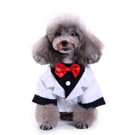 GabeFish Pets White Wedding Jackets Suit for Dogs with White Bow Tie Puppy Cat Formal Clothes Shirt Tuxedo White Small