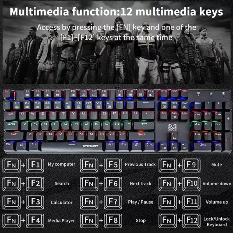 Greyghost Mechanical Gaming Keyboard with Alumium 104 Standard Keys Rainbow