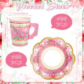 Xiangqu 200 Pcs Disposable Paper Tea Cups and Saucers Set, Severs 100 Guests Floral Tea Party Supplies Include 9 oz Bulk Tea Cups with Handle 6 Inch Saucers for Tea Party Baby Shower Wedding Birthday