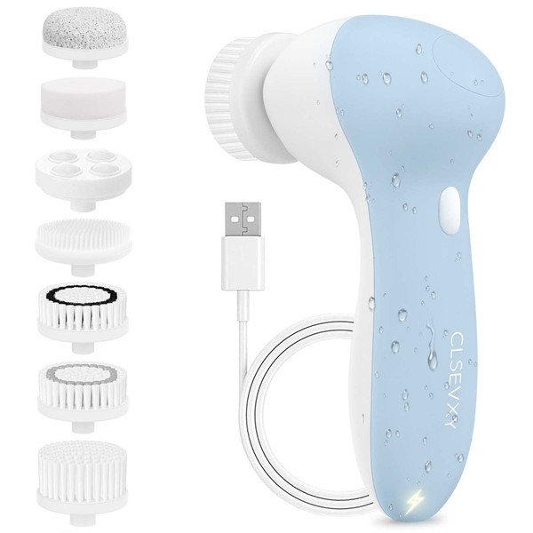 Facial Cleansing Brush Face Scrubber: USB Rechargeable IPX7 Waterproof Electric Spin Cleanser Brush with 7 Brush Heads, Face Brushes for Cleansing and Exfoliating, Massaging